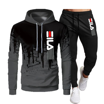 New men's autumn and winter hoodie + pants two-piece set,2025 fashion outdoor fishing casual print jumper, men's sportswear