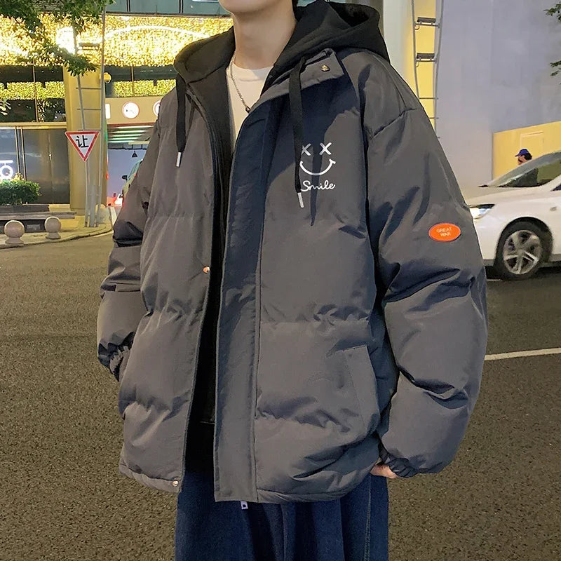 Men's new winter Hong Kong style coat, cotton-padded jacket, trendy brand thickened hooded cotton coat, loose bread coat for men