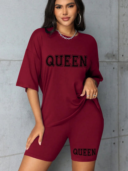 Plus size fashionable all-match shorts short-sleeved suit queen letter print simple and comfortable two-piece suit 2024 New