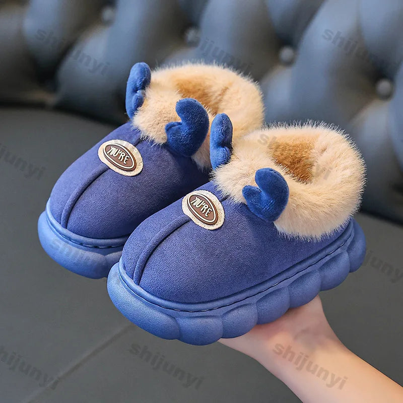 Children's Slippers Winter New Cartoon Warm Anti Slip Boys Girls Indoor Comfortable Platform Reindeer Baby Plush Cotton Shoes