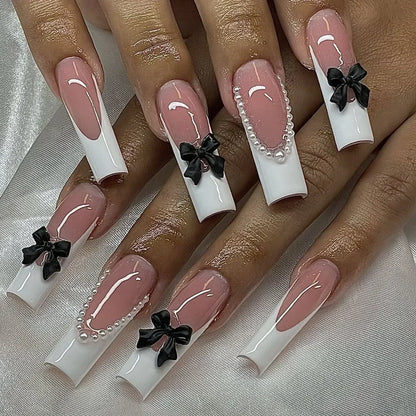 24Pcs Long Square Press on Nails Flame Hot Girl Coffin False Nails Pink French Fake Nails Wearable Full Cover Acyrlic Nail Tips