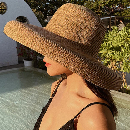 2024 New Summer Sun Hats Ladies Solid Plain Elegant Wide Brim Hat Female Round Top Panama Floppy Straw Beach Hat Women лето