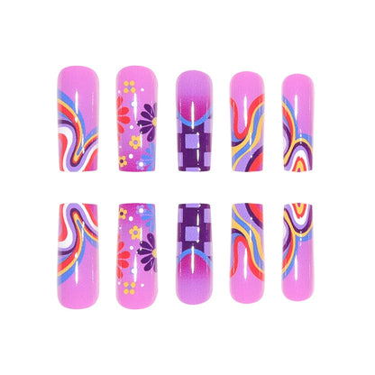 24 Long Coffins with Purple Flower Patterns ABS Full Gloss Fake Nails&1 Nail File and 1 Piece of Jelly Glue