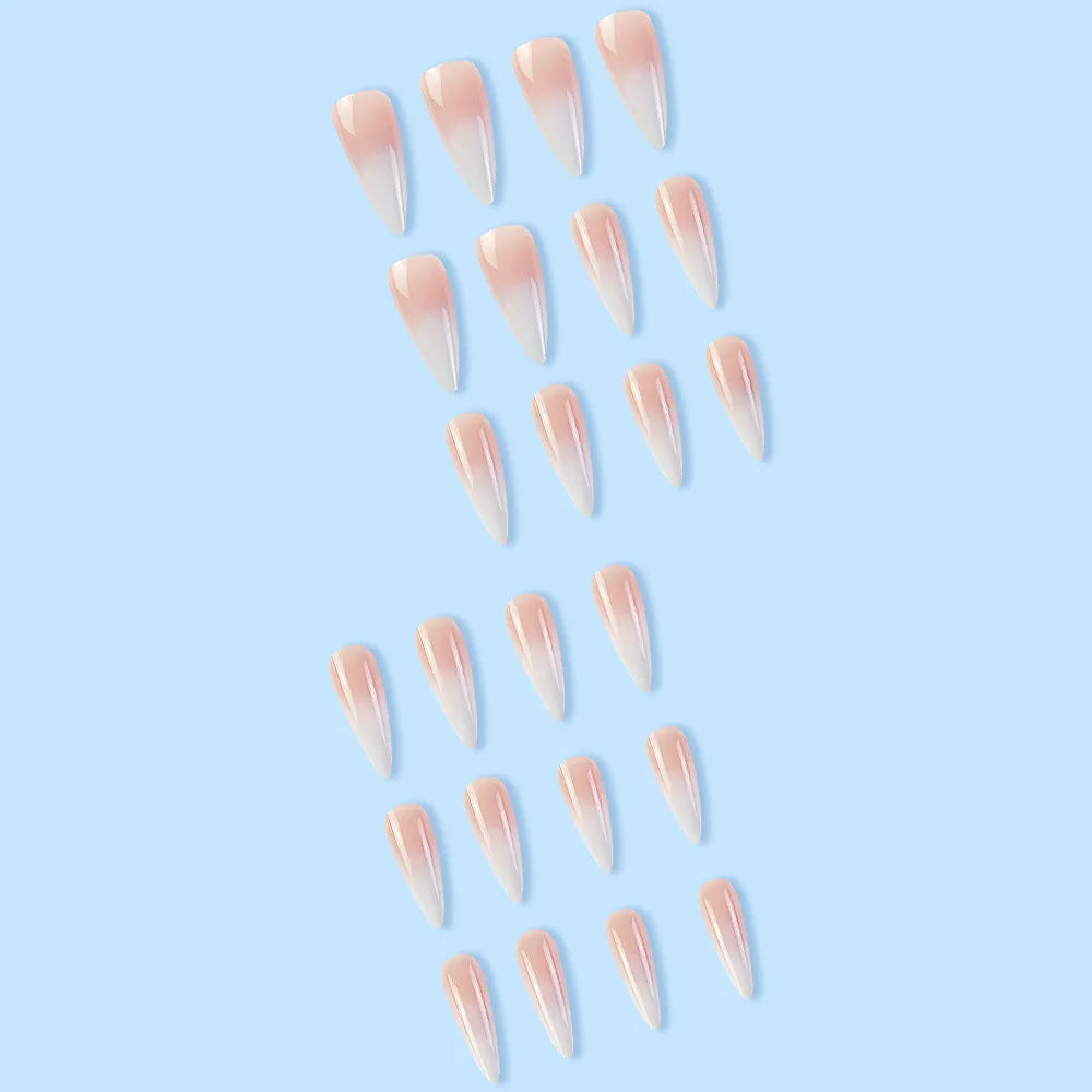 24 Pcs Glossy Long Stiletto Press On Nails Gradient Nude And White False Nails Reusable Fake Nails For Women Girls