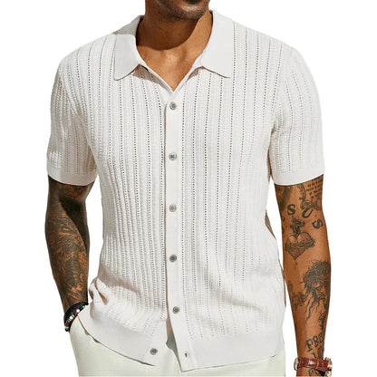 2025 New Men's Casual Tops Summer Cool Knitted Men's Shirts Short-sleeved Lapels Solid Color Hollow Breathable Clothing