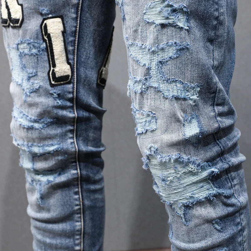 Designer street fashion men's jeans with elastic tight fit washed blue embroidery men's jeans hip-hop style pants hombre