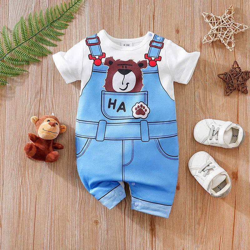 Baby Clothes Cute Cartoon Bear Fake Shoulder Strap Comfortable And Soft 0-18 Boys And Girls Summer Short Sleeved Baby Jumpsuit