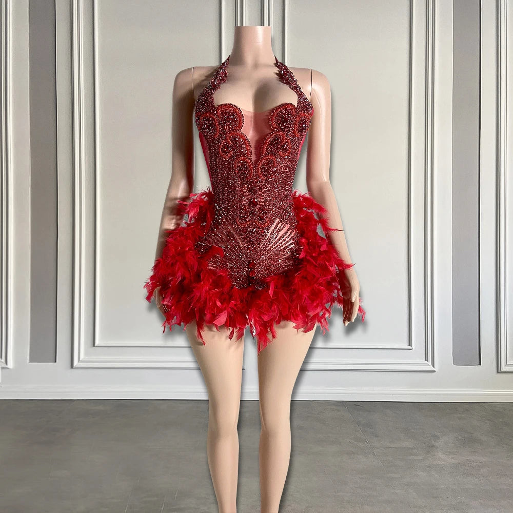 Luxury Rhinestone Black Girls Short Prom Dresses 2025 See Through Red Diamond Feathers Dress