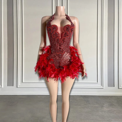 Luxury Rhinestone Black Girls Short Prom Dresses 2025 See Through Red Diamond Feathers Dress