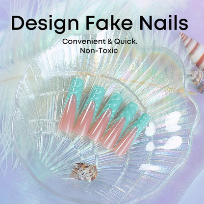 24pcs 3D Water Drop Fake Nail Patches Green French Press on Nail Full Cover Wearable Summer Extra Long Ballet False Nail Patches