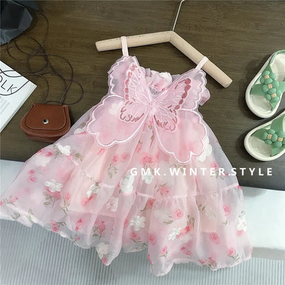 (0-3 years old) Summer Baby Girl Flower Printed Sweet Princess Dress Girl Back Bow Wings Birthday Party Dress