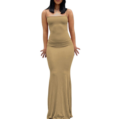 Sexy Bodycon Long Dress Solid Color Spaghetti Strap