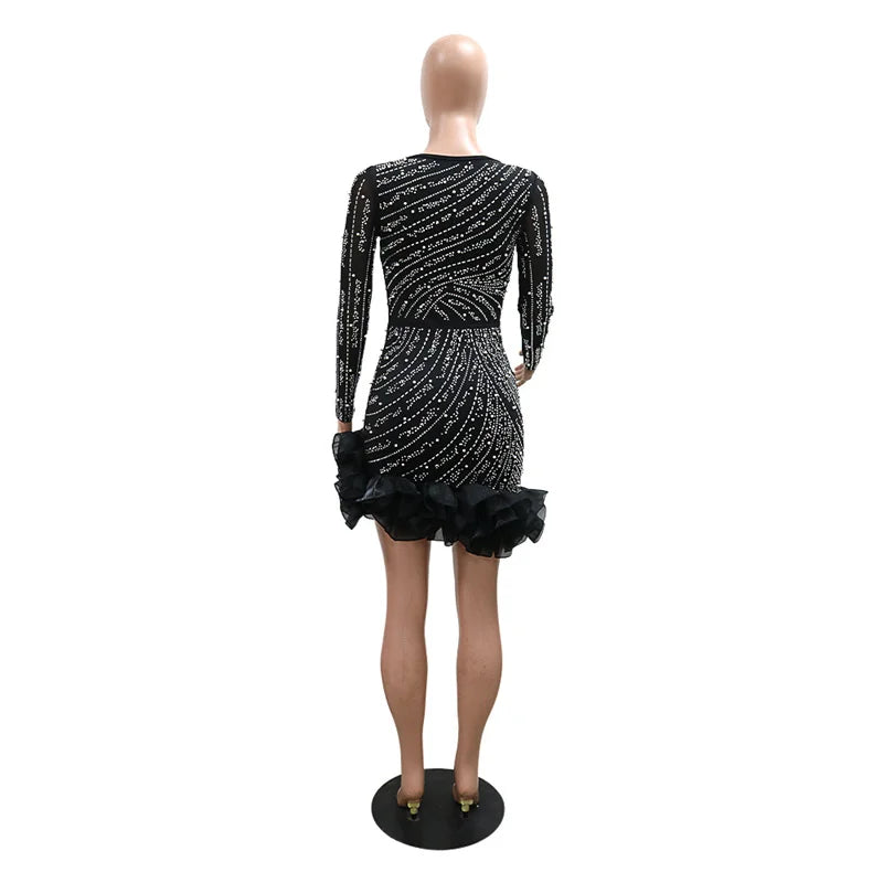 New Women Mesh Sleeve Bodycon Sexy Diamonds Birthday Party Dress Tierred Ruffles Rhinestone Pearls Night Club Dress Pink