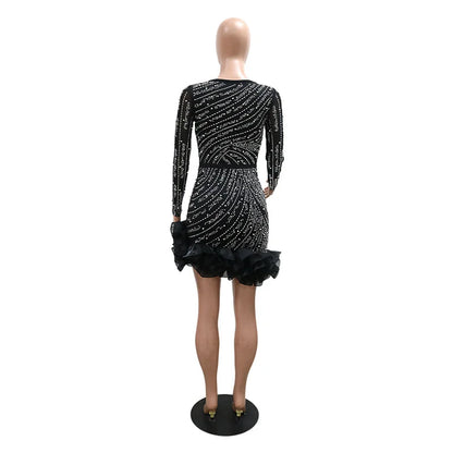 New Women Mesh Sleeve Bodycon Sexy Diamonds Birthday Party Dress Tierred Ruffles Rhinestone Pearls Night Club Dress Pink