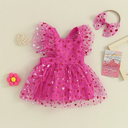 0-18M Baby Girls Romper Dress Fly Sleeve Heart Print Mesh Tulle Skirt Hem Bodysuits with Headband