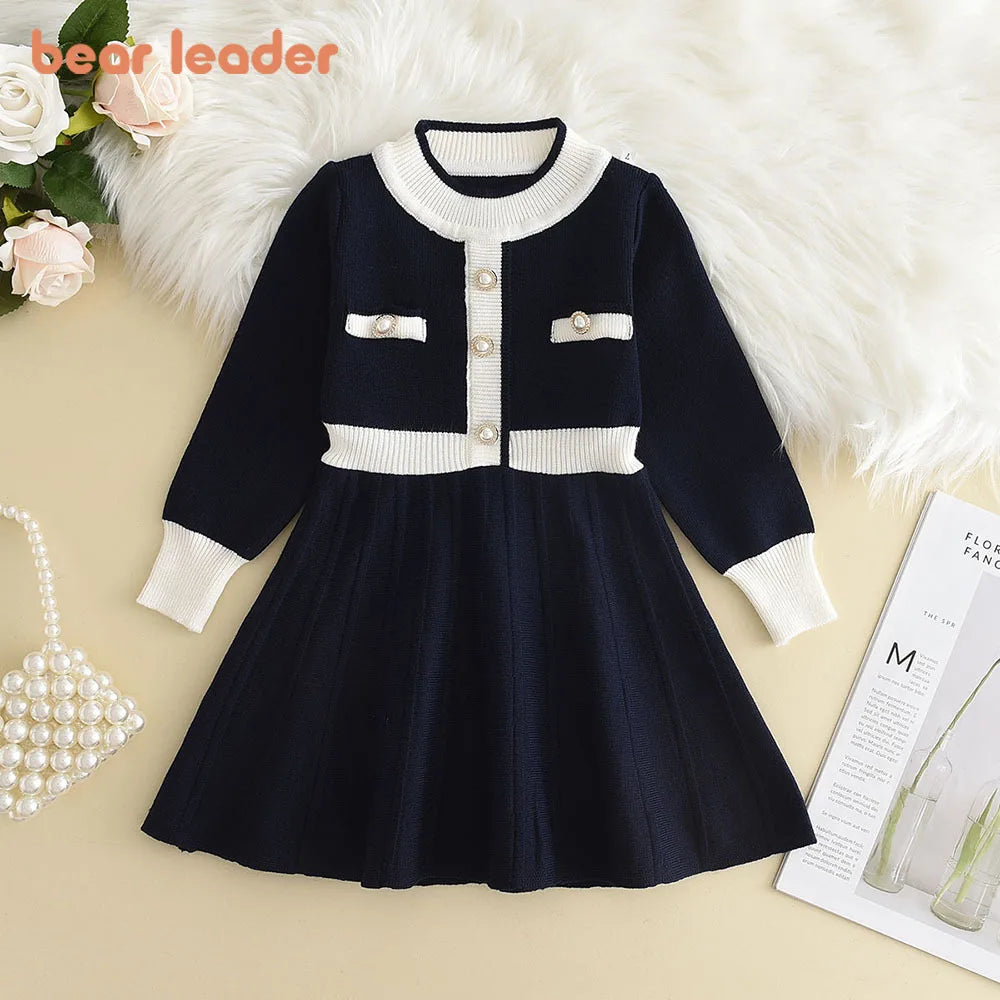 Bear Leader Winter New Year's Red Girl Knitting Wool Long Sleeve Splicing Dress Girl Baby Bow Fashion Dressses Christmas Clothes