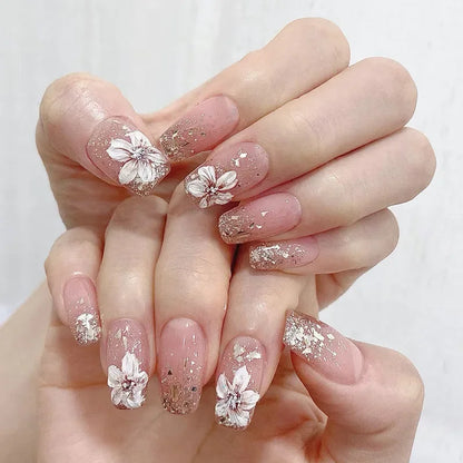 Vintage Camellia Wearable Pink Press on Fake Nails Tips with Glue False Nails Design Butterfly Lovely Girl False Nails