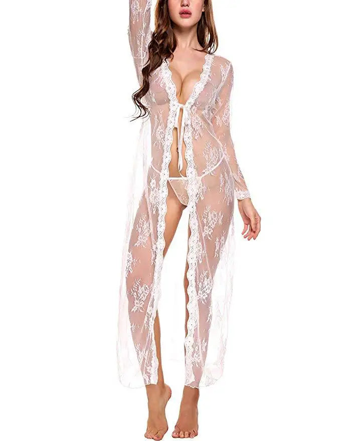 Toucheart Sexy Lace Mesh Transparent Sexy Robe Nightgown Women's See-Through Lace Printing Deep V-Neck Home Ultrathin Nightgown