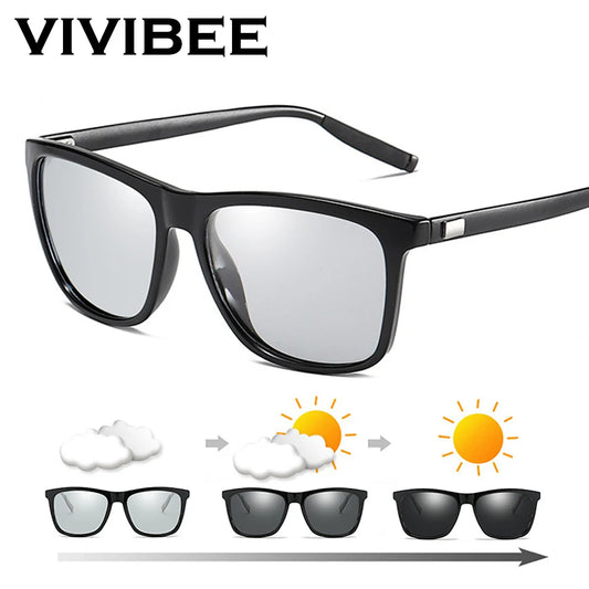 VIVIBEE Color Change Grey Frame Photochromic Polarized Sunglasses Men Square Classic Chameleon Glaases Transition Lens Eyewear