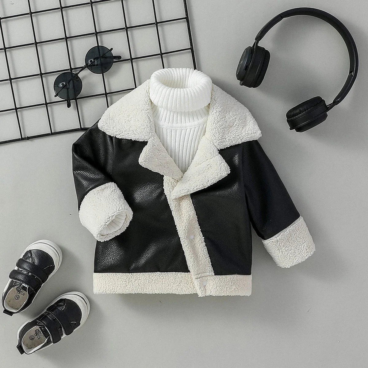 Baby Boys Black Leather Coats Winter Fashion Turn-down Collar Jackets Thick Warm Outerwear Children Clothes For 3M-3Y