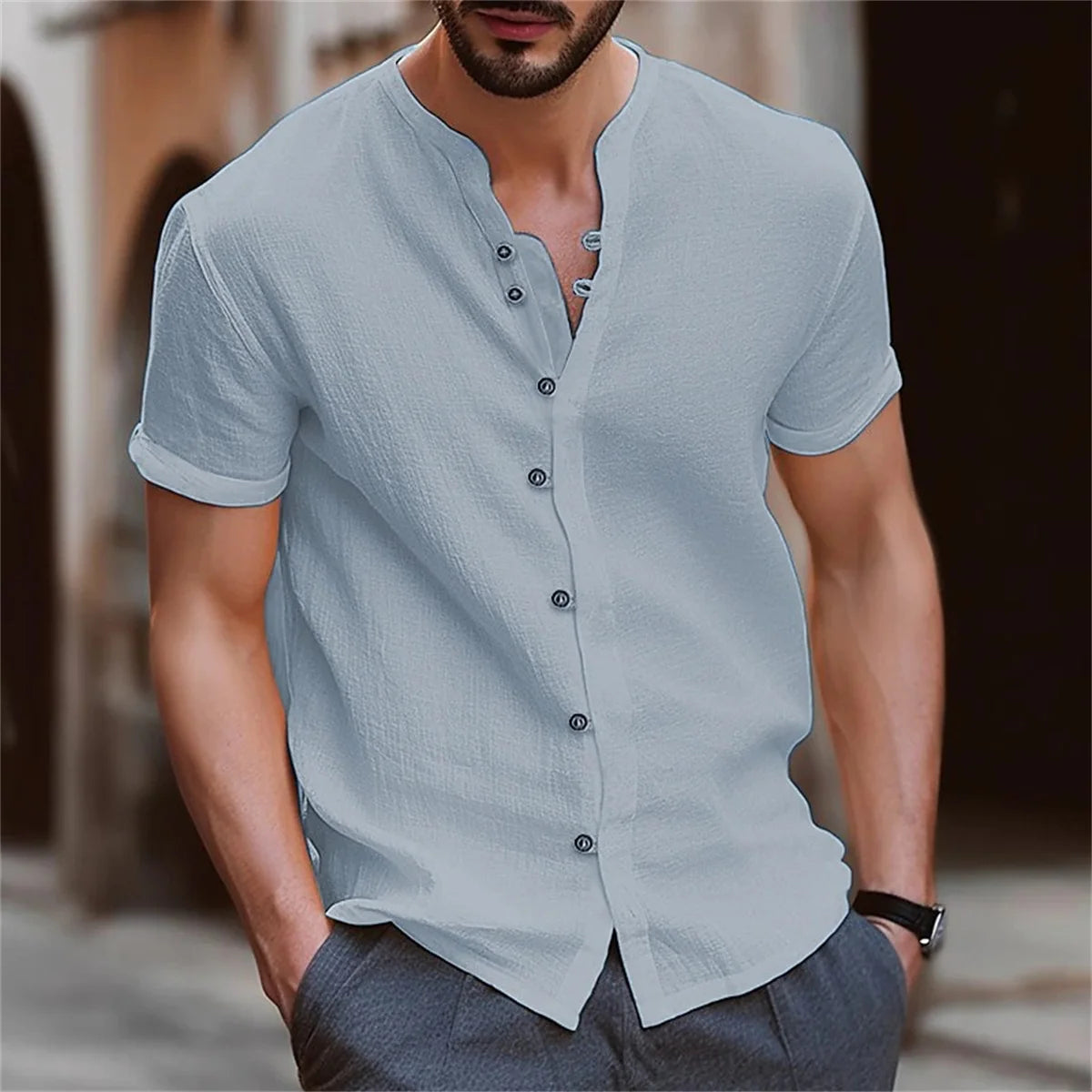 Men's Shirt Cotton Short Sleeve Casual Solid Color Retro Street Style British Style Summer Loose Collar Simple Cardigan