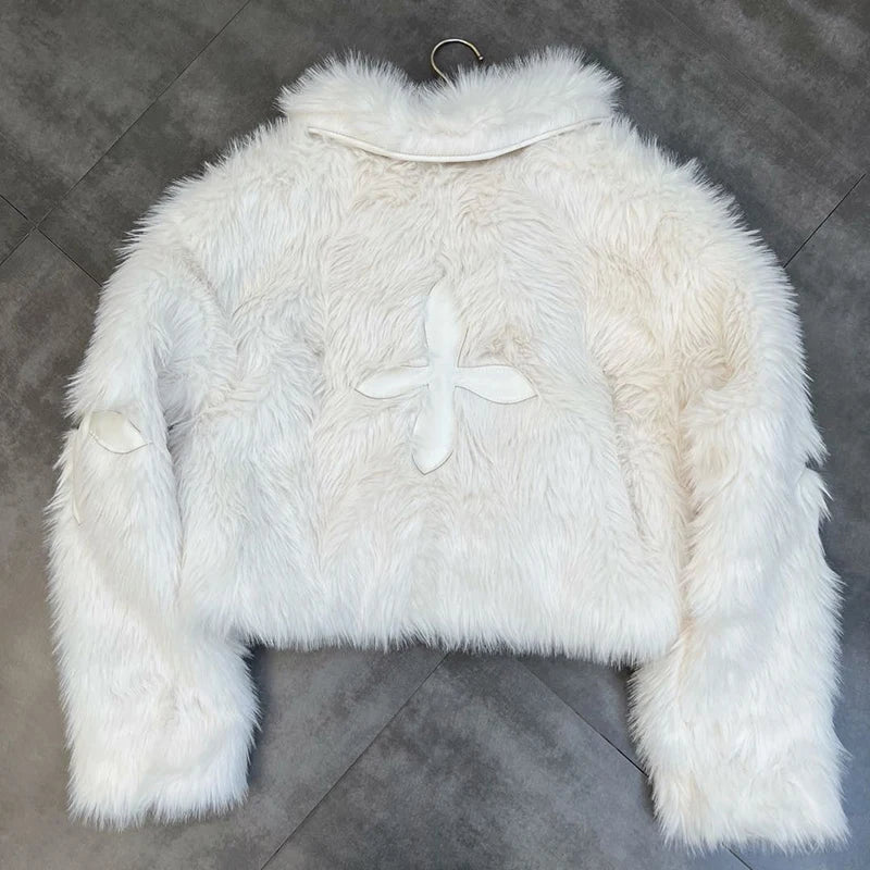 Winter Women Cotton Jacket Lapel Long Sleeve Patch Cross Short Fur Coat Black 2025 New