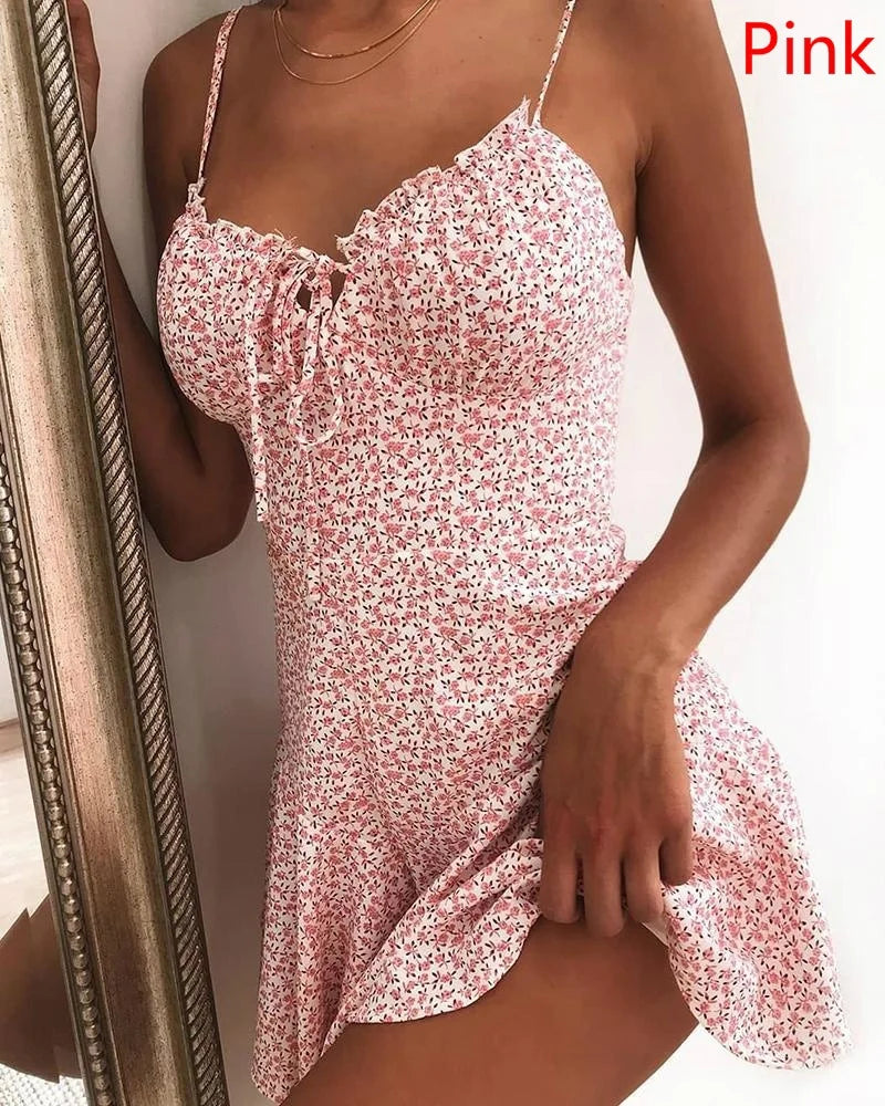 2024 Women Summer Spaghetti Strap Floral Print Tie Front Mini Dress Sexy Dress Patry Beach Style New All-Match Floral Skirt