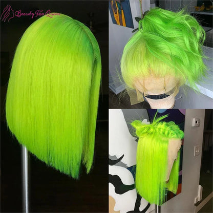 13x4 HD Lace Front Wig Human Hair Fluorescent Green  Short Bob