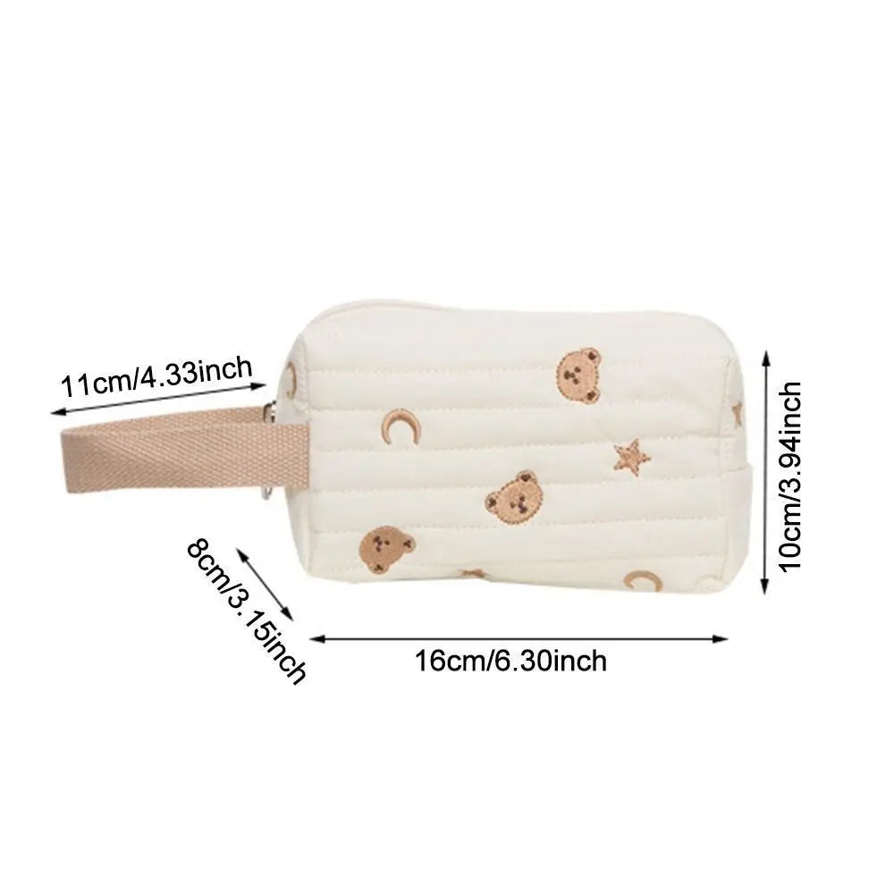 Embroidery Bear Makeup Bag Quilt Cotton Women Zipper Cosmetic Organizer Cute Wrist Make Up Pouch Portable Toiletry Case