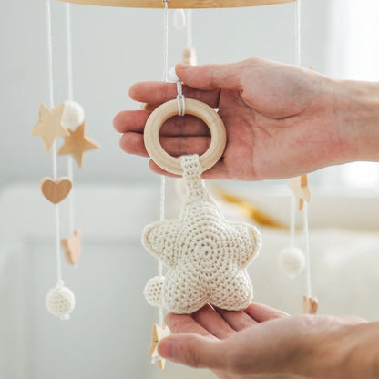 Baby Crib Mobile Bed Bell Rattle Toys Wooden Crochet Stars Pendant Bed Bell Toys Newborn Comfort Crib Bracket Hanging Toys Gifts