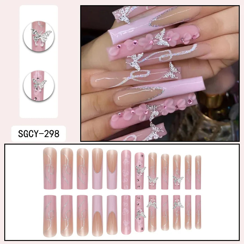 24 Pieces of Ultra Long Coffin Shaped French&gradient&flower Pattern 3D Butterfly Dot Diamond Glossy False Nails