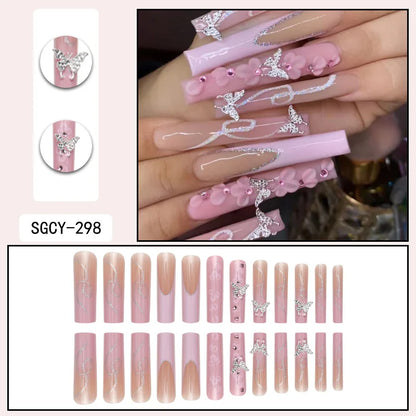 24 Pieces of Ultra Long Coffin Shaped French&gradient&flower Pattern 3D Butterfly Dot Diamond Glossy False Nails