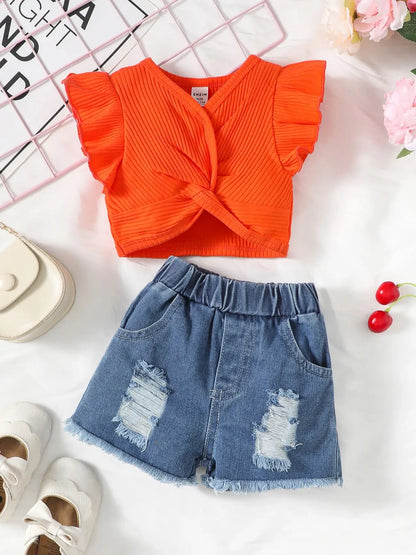 Baby Girls Summer Solid Color Flying Sleeve Lace Sleeve Design V-Neck Top With Ripped Pockets Elasticated Waist Baggy Jeans