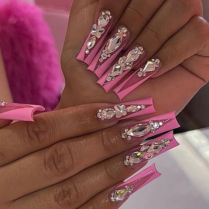 Enhance your charm with 24 pieces of long coffins, pink French patterns, 3D butterfly dots, diamond false nails