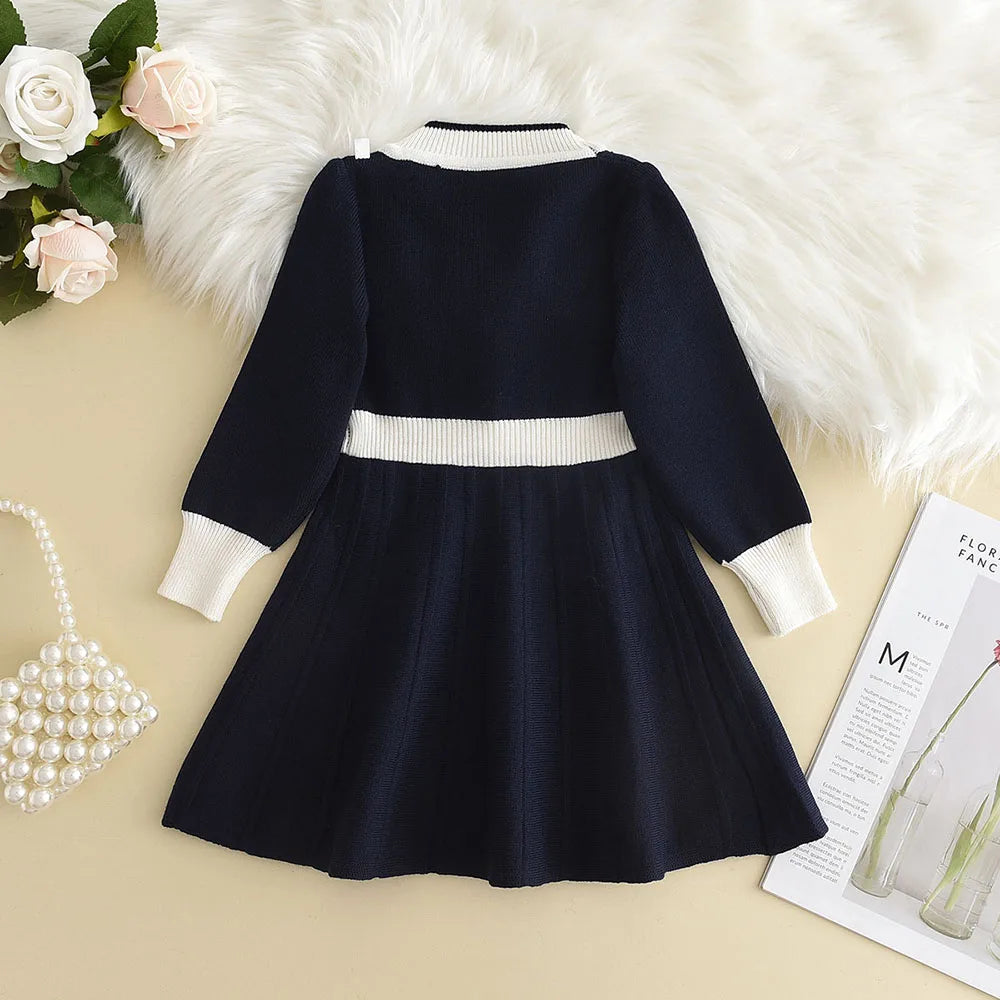 Bear Leader Winter New Year's Red Girl Knitting Wool Long Sleeve Splicing Dress Girl Baby Bow Fashion Dressses Christmas Clothes