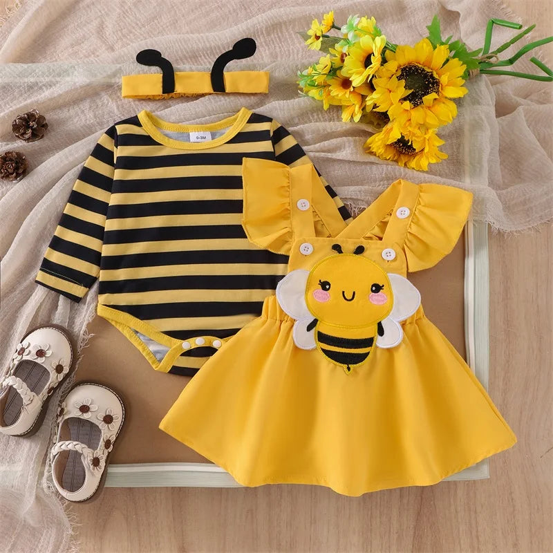 Pudcoco Infant Baby Girls Autumn Skirt Sets Flying Sleeve Romper Bee/Beetle Embroidery Suspender Dress Headband Sets