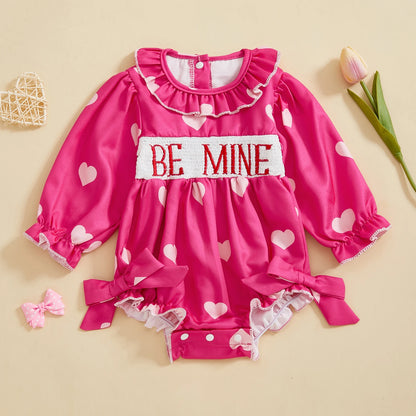 FOCUSNORM 0-24M Lovely Baby Girls Valentine’s Day Romper Long Sleeve Doll Collar Letter Embroidery Heart Print Bow Jumpsuits