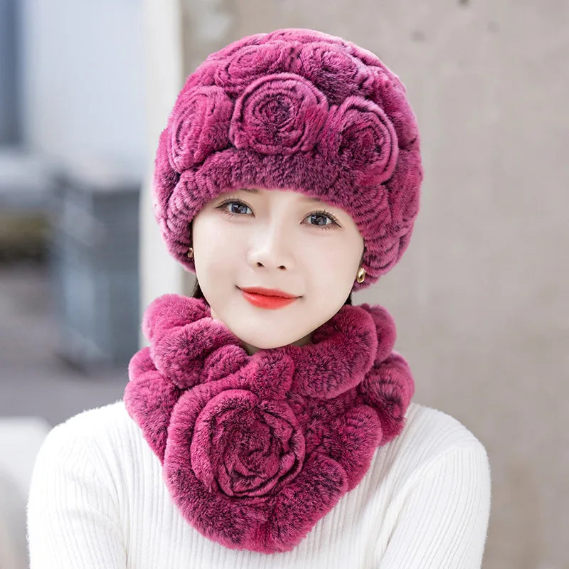 2025 Hot Sale Women Winter Fur Hat Scarf Sets Natural Warm Real Rex Rabbit Fur Cap Scarves Lady Knitted Genuine Fur Hats Muffler