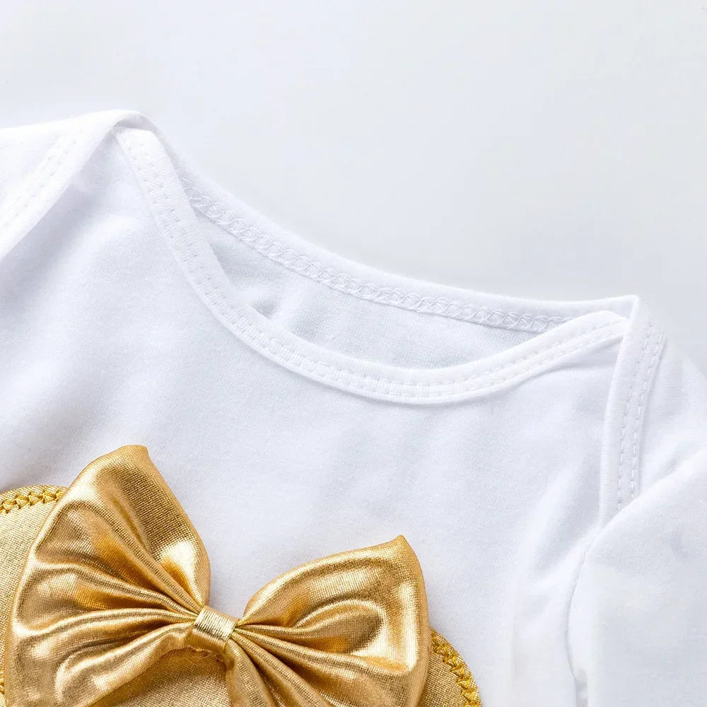 Baby Girl Jumpsuit Set of 4 pieces, Gold Bow Decoration Top, Ruffled Edge Shorts, Jumpsuit for Newborns, Set of 4 pieces/Set