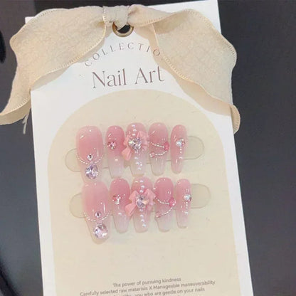 10pcs Gradient Pink Fake Nail With 3D Moon Heart Diamond Design m