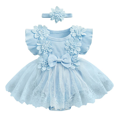 Infant Baby Girl Lace Romper Baby Tulle Dress Romper Flowers Bodysuit Spring Summer Festival Clothes with Headband