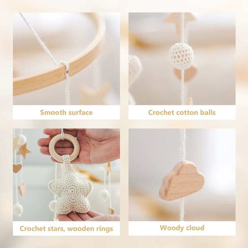 Baby Crib Mobile Bed Bell Rattle Toys Wooden Crochet Stars Pendant Bed Bell Toys Newborn Comfort Crib Bracket Hanging Toys Gifts