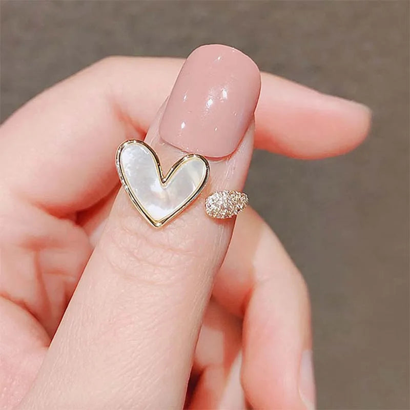 GUFTM Fashion Cute Shell Heart Rings for Women Girls Elegant Temperamental Gold Color Zircon Open Adjustable Ring Jewelry 2024