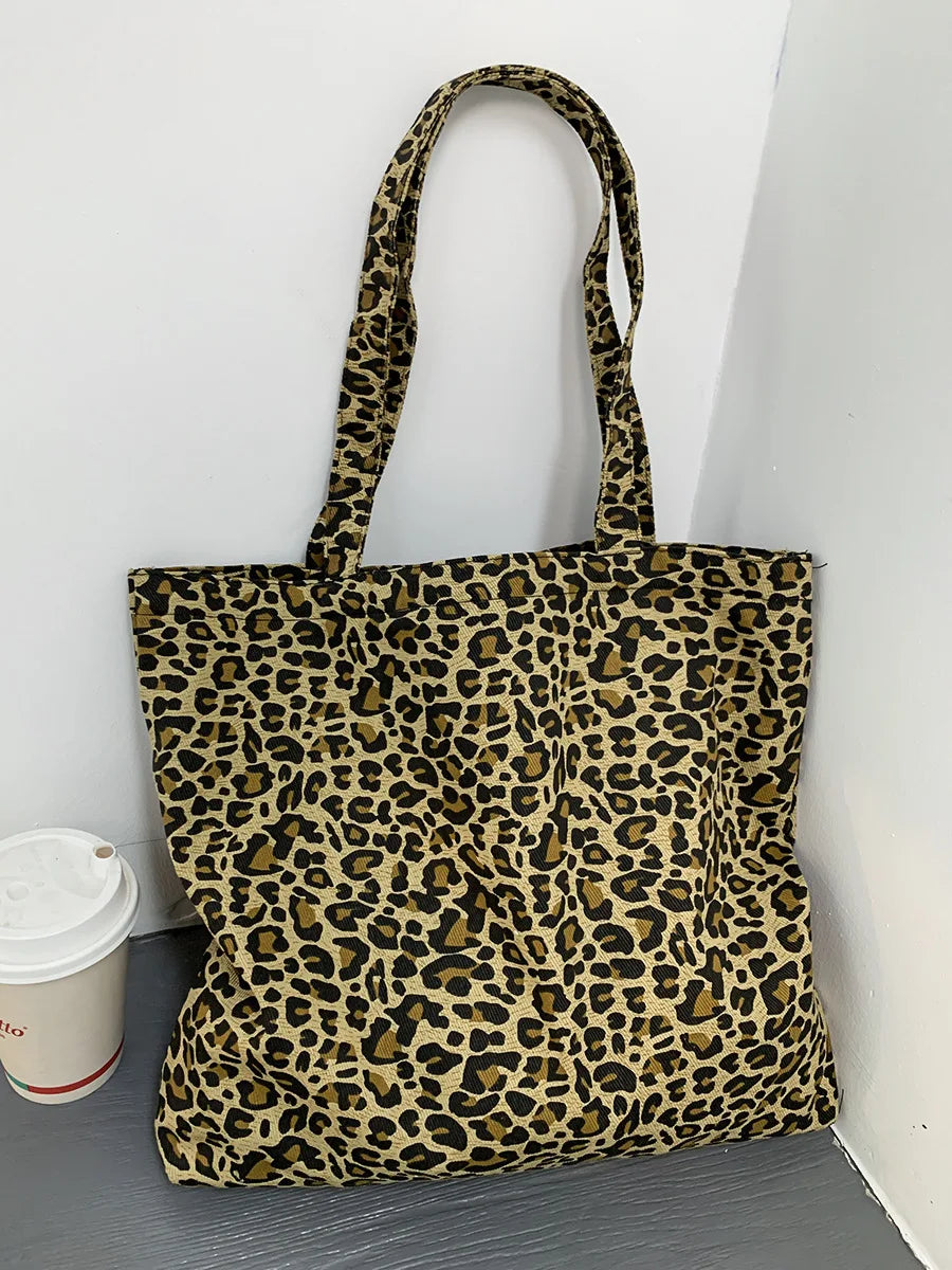 Large Women's Shopping Bag 2024 Summer Ladies Canvas Shoulder Tote Bags Aesthetic Green Leopard Fashion Ecobag Cloth Handbags