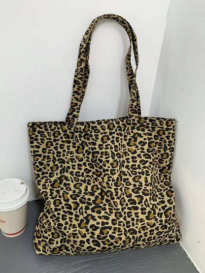 Large Women's Shopping Bag 2024 Summer Ladies Canvas Shoulder Tote Bags Aesthetic Green Leopard Fashion Ecobag Cloth Handbags