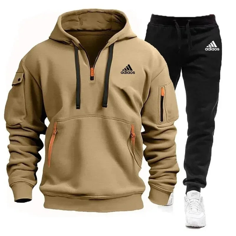 Autumn Men's Two-Piece Zipper Hooded Sweatpants Multi-Pocket