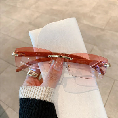 Rimless Wooden Pattern Sunglasses