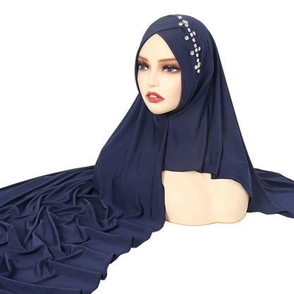 Navy Blue Instant Hijabs for Women Solid Soft Muslim Turban Headscarf with Diamonds Islamic Ladies Headband Shawl Wraps RIMAIRE