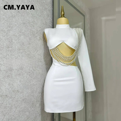 Women Full Sleeve Elegant O-neck Mini Dress 2025 Summer Pearl String