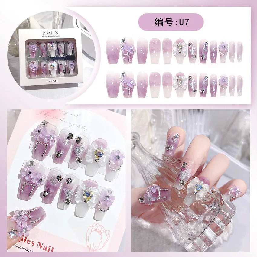 24pcs/box Luxury Pink Long Coffin Fake Nails Y2K Moon Star Rhinestones Press On Nails Handmade Full Cover Reusable False Nails